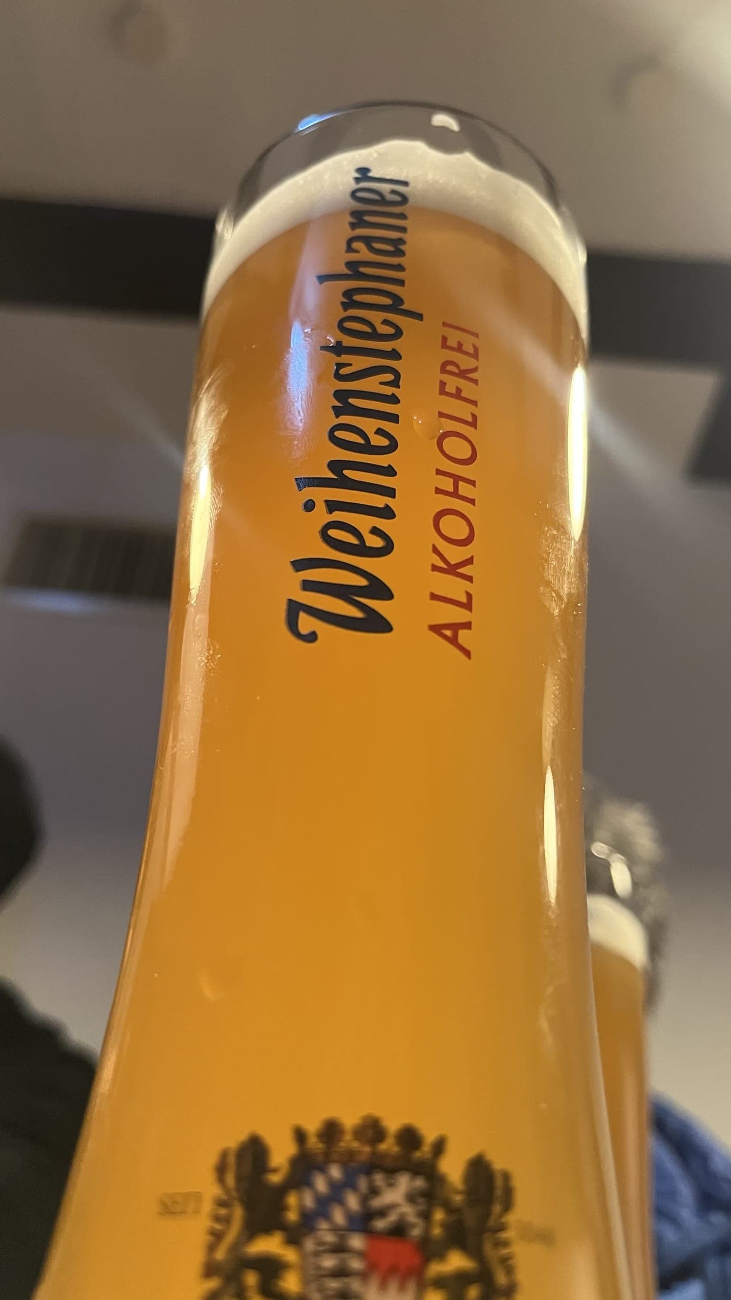 A glass of Weihenstephaner Alkoholfrei wheat beer